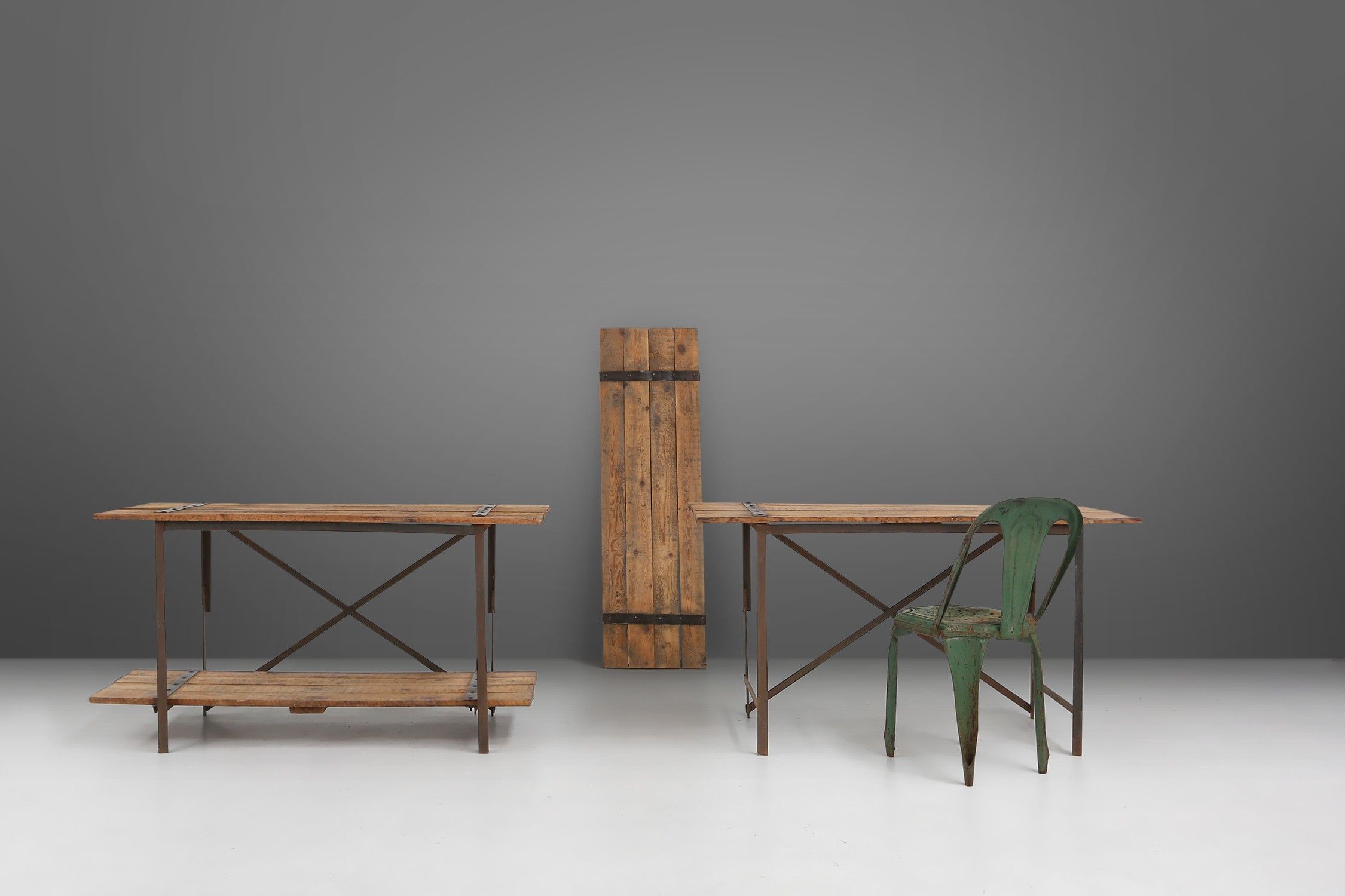  Industrial side tables with metal frame and wooden top and removable platform, Belgium, 1920thumbnail